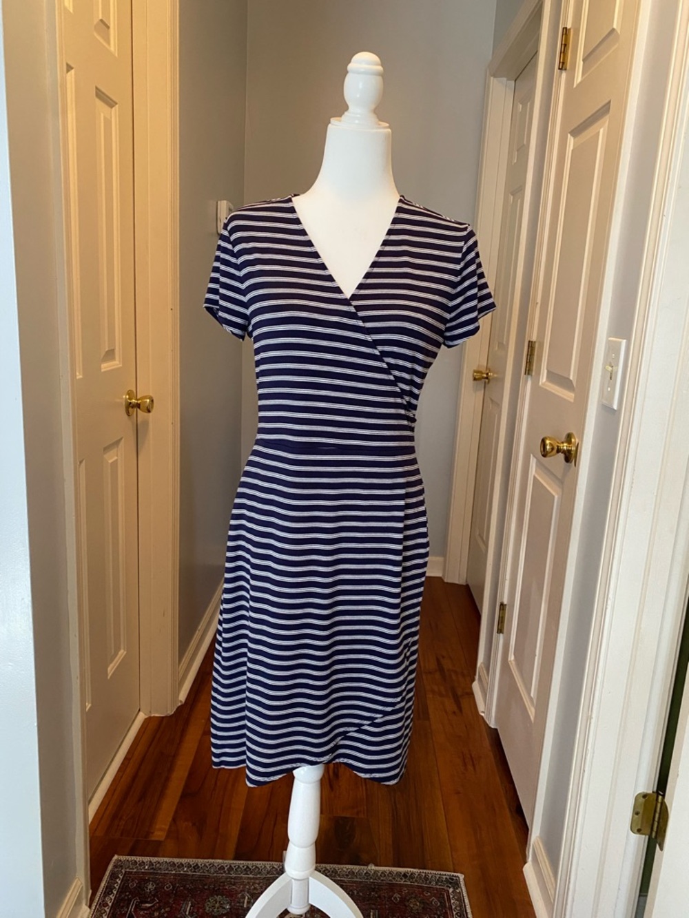White House Black Market Navy & White Striped Faux-Wrap Midi Dress
